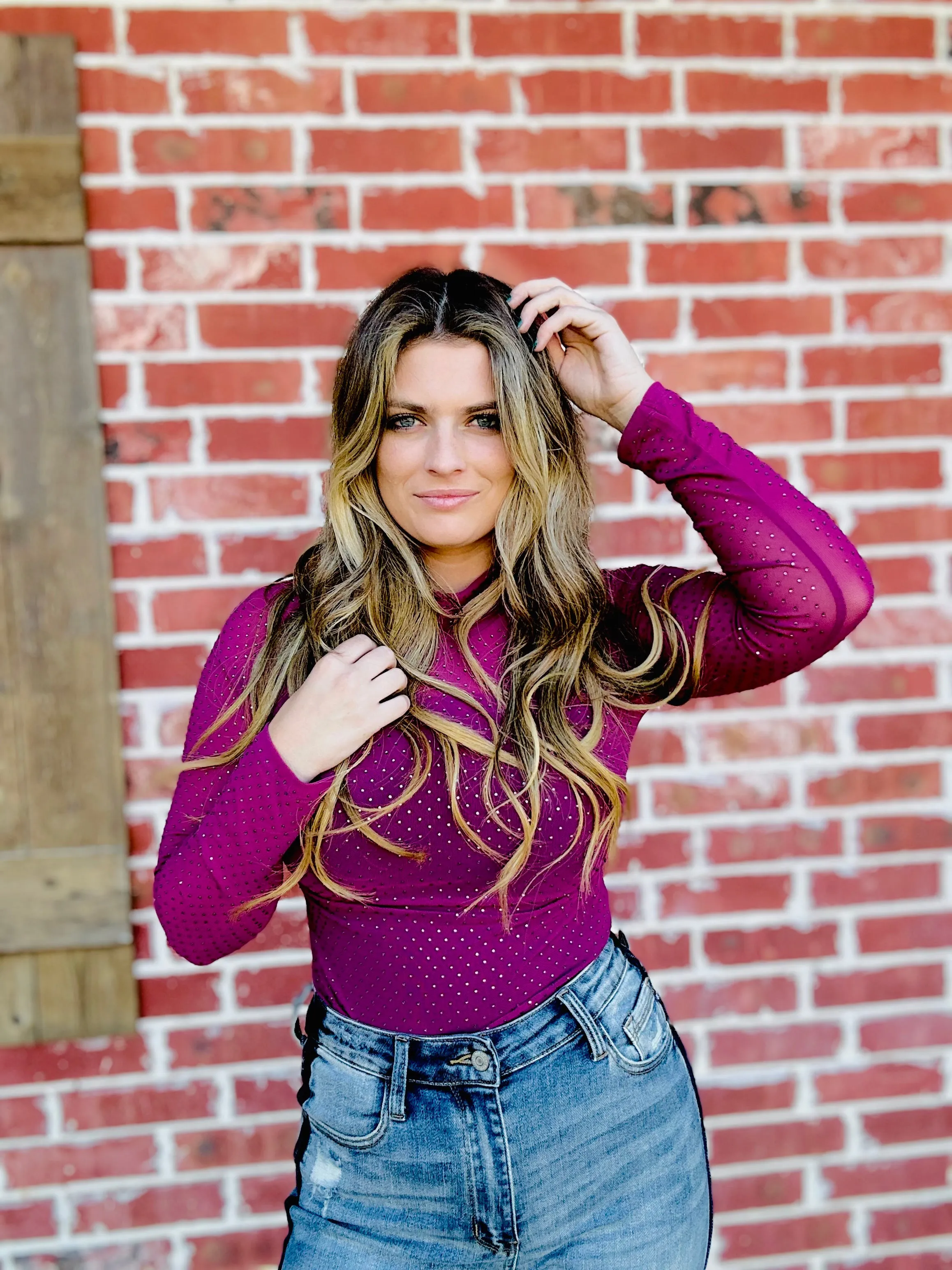 A Stunner Violet Studded Rhinestone Bodysuit