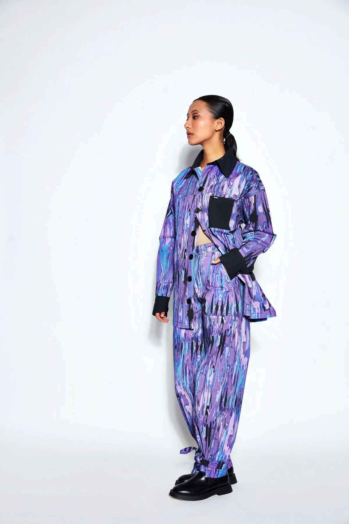 Abstract Print Twill Pants- Purple