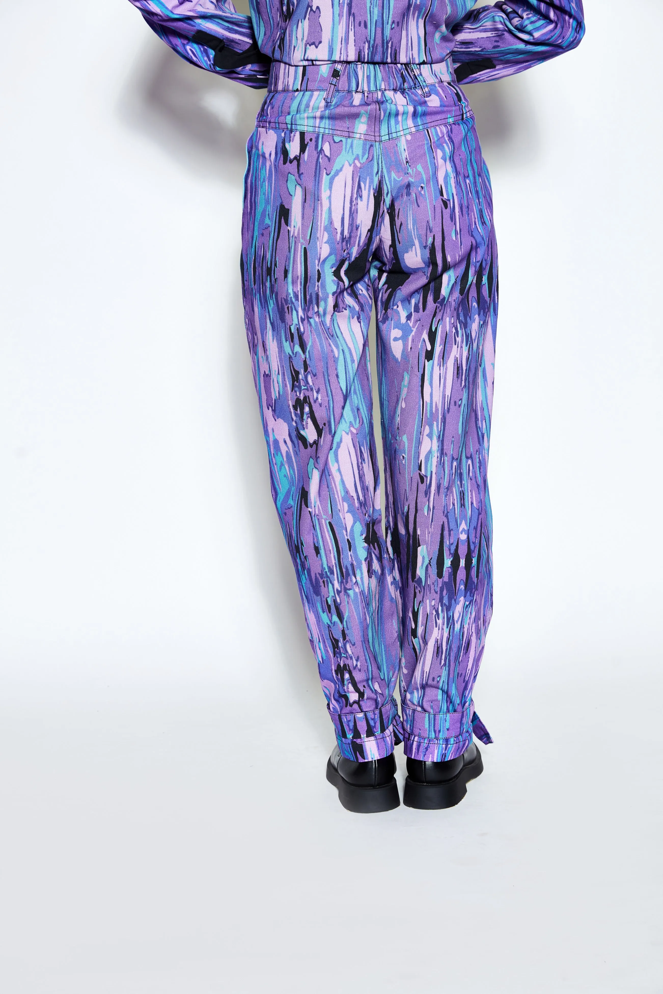 Abstract Print Twill Pants- Purple