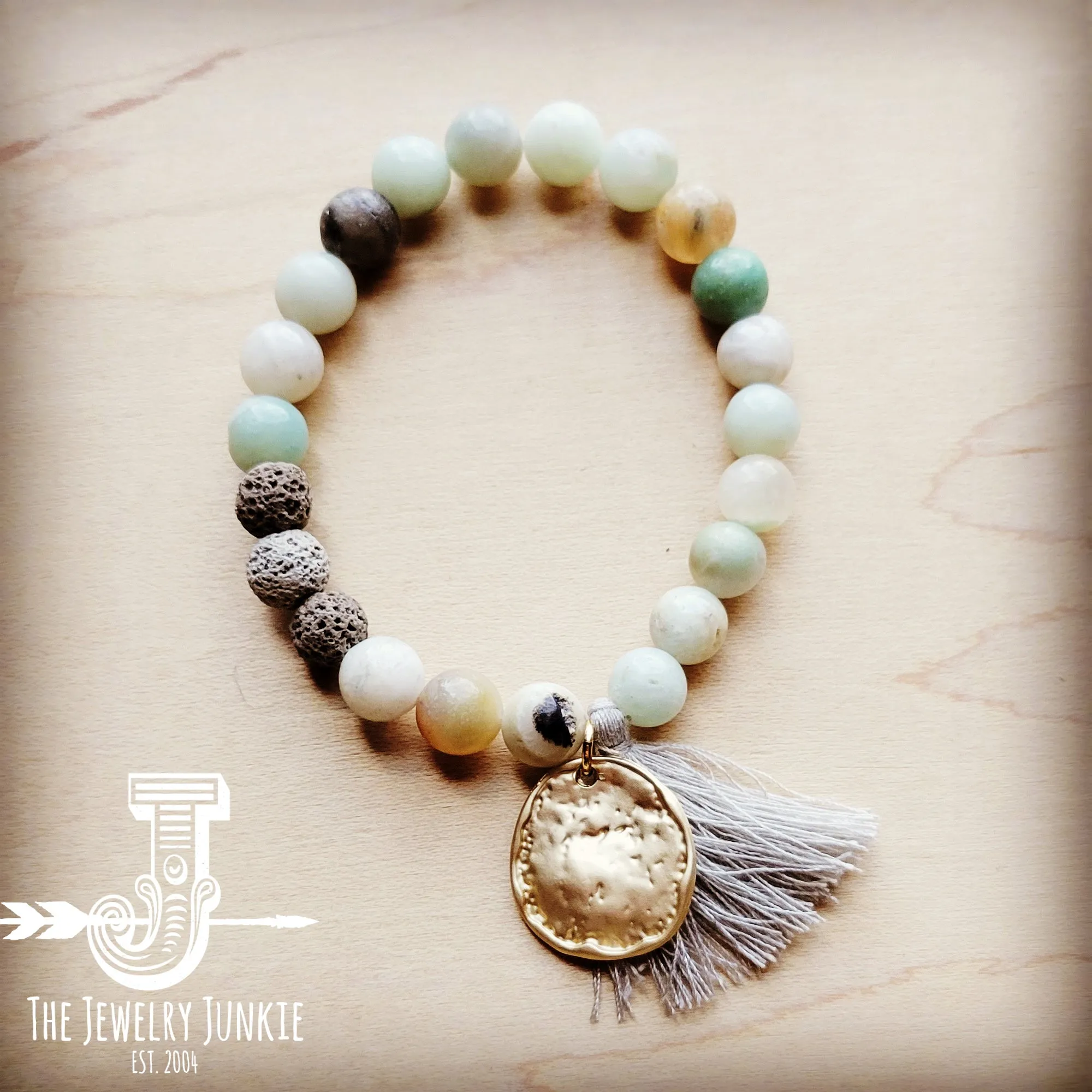 Amazonite Stretch Beaded Bracelet with Tassel and Coin 806m