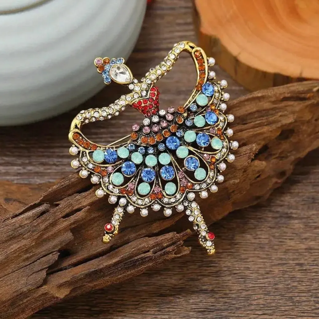 Ballerina Dancer Rhinestone Crystal Pearl Statement Brooch Pin