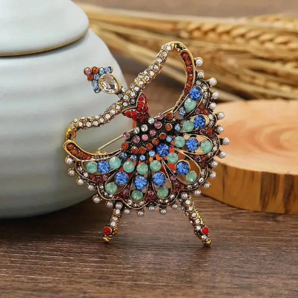 Ballerina Dancer Rhinestone Crystal Pearl Statement Brooch Pin