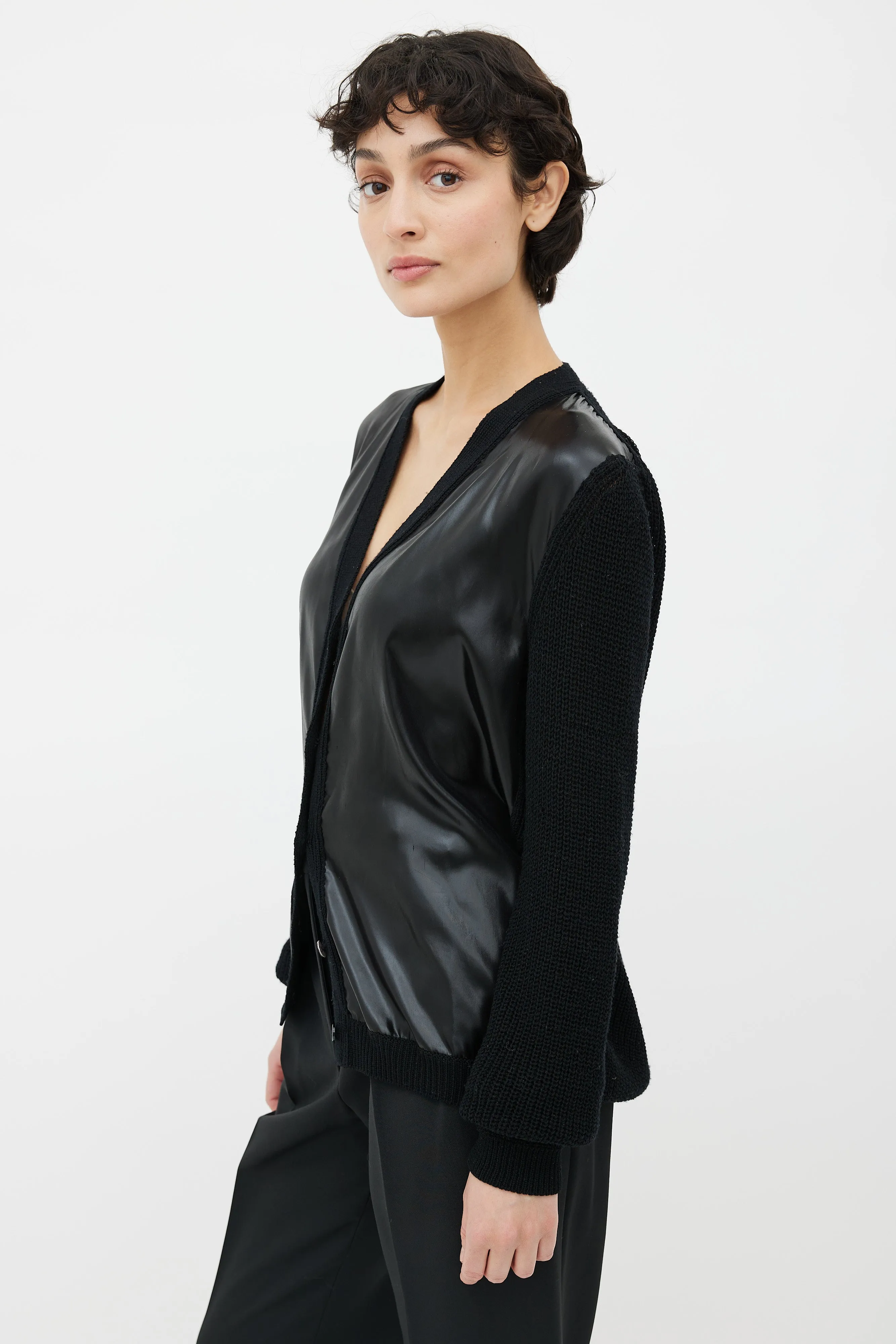 Black Knit & Satin V-Neck Cardigan
