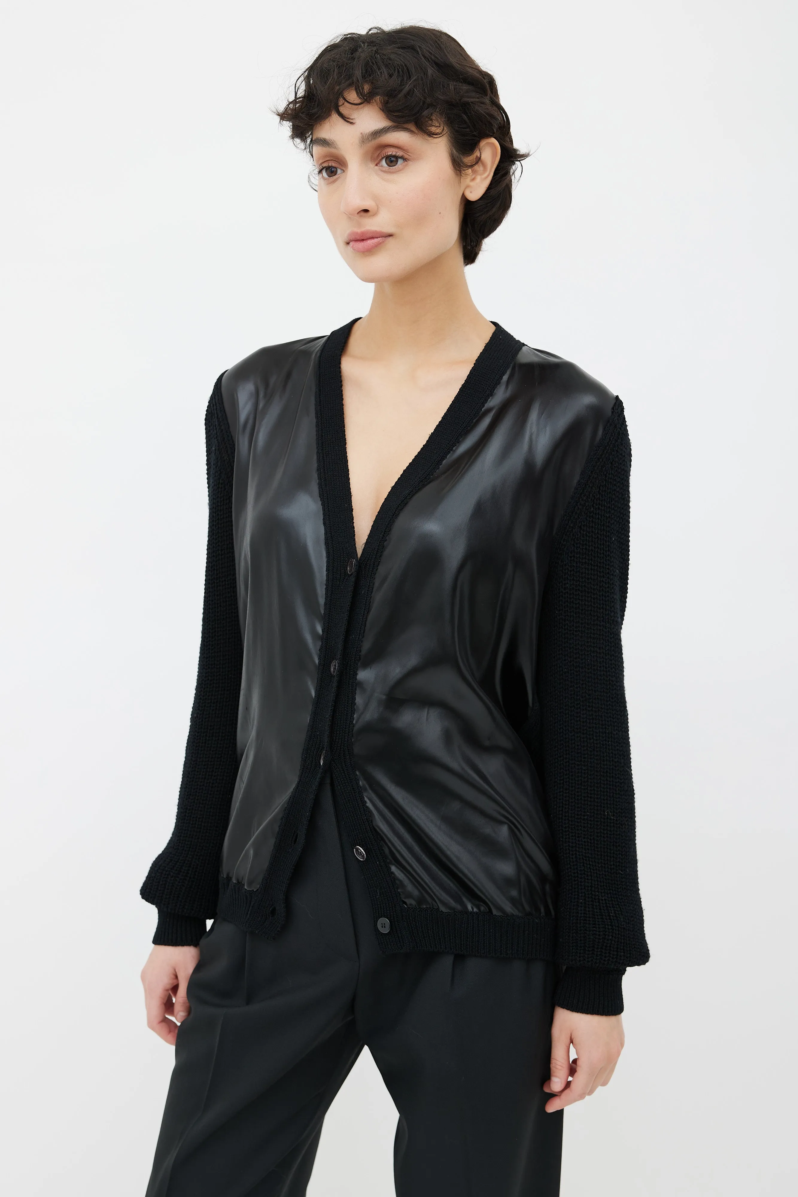 Black Knit & Satin V-Neck Cardigan