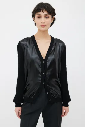 Black Knit & Satin V-Neck Cardigan