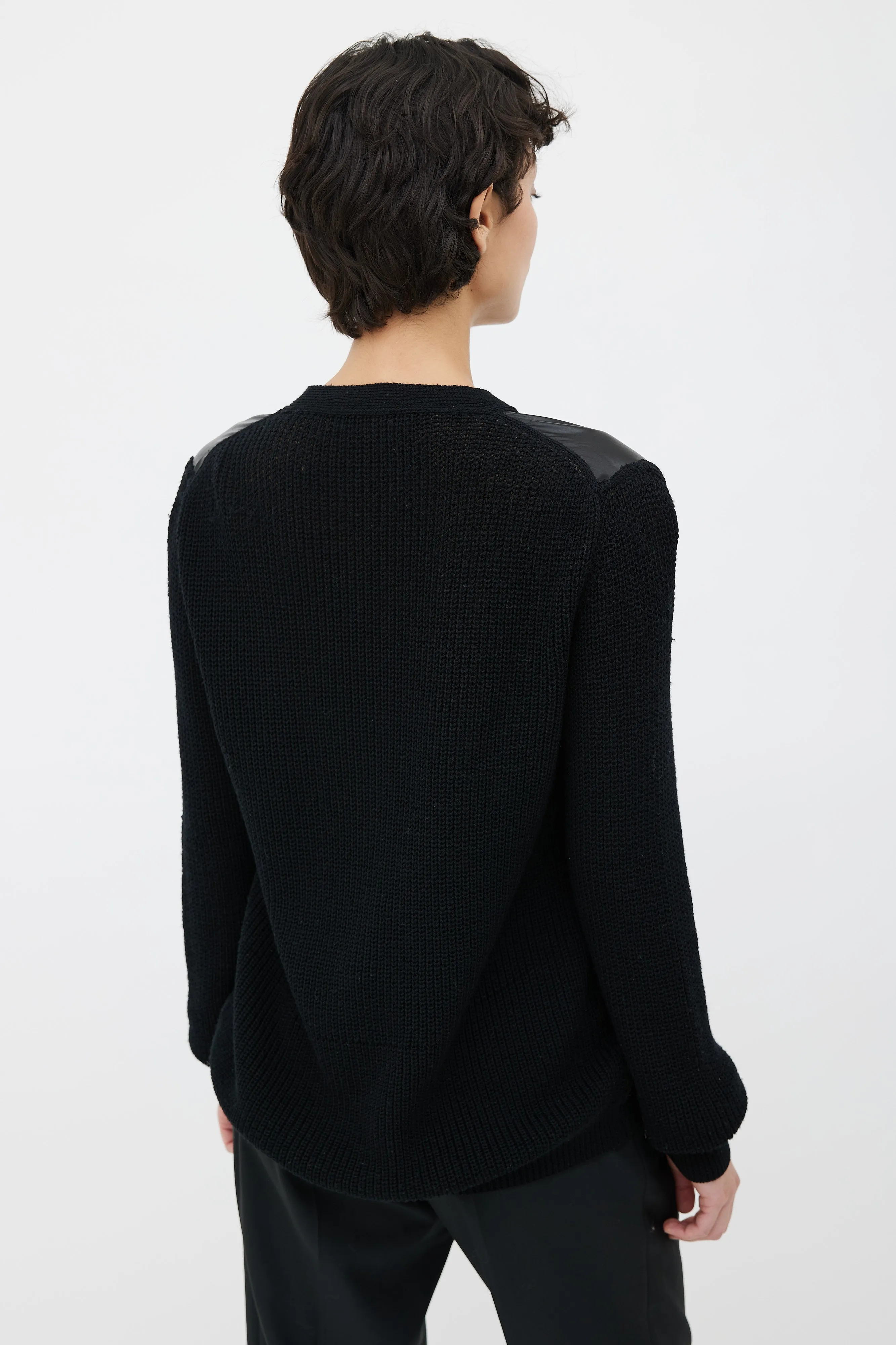Black Knit & Satin V-Neck Cardigan