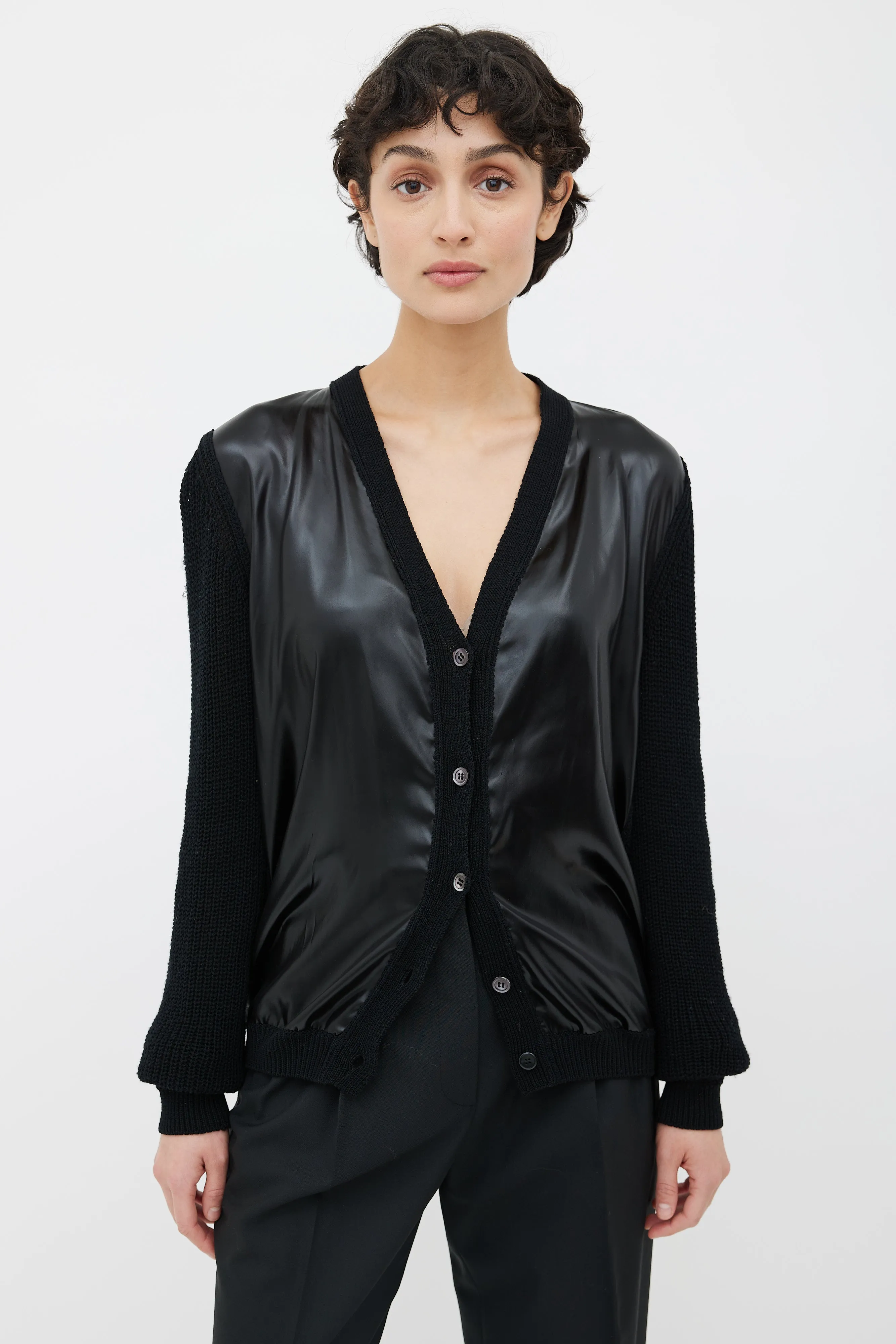 Black Knit & Satin V-Neck Cardigan