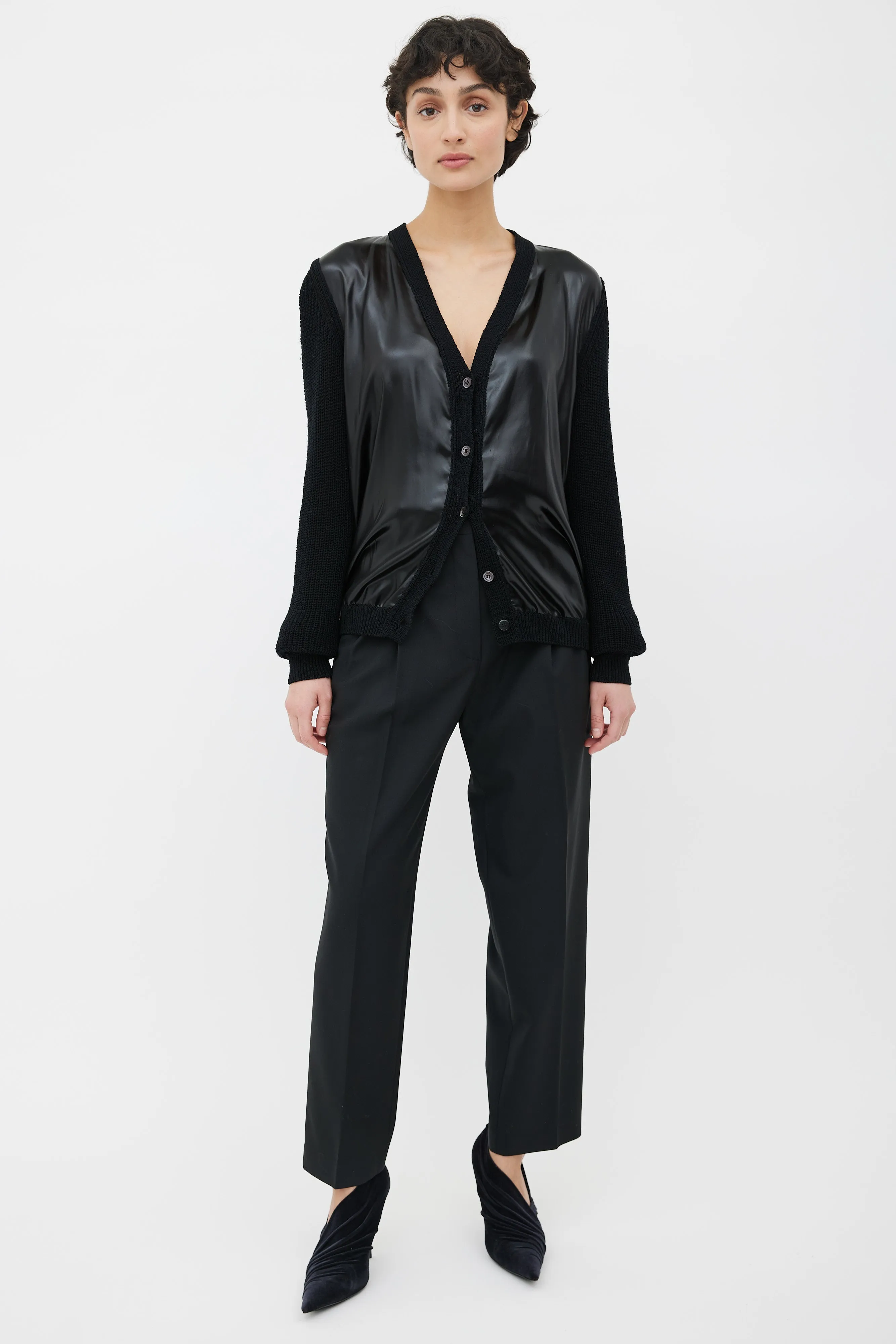 Black Knit & Satin V-Neck Cardigan
