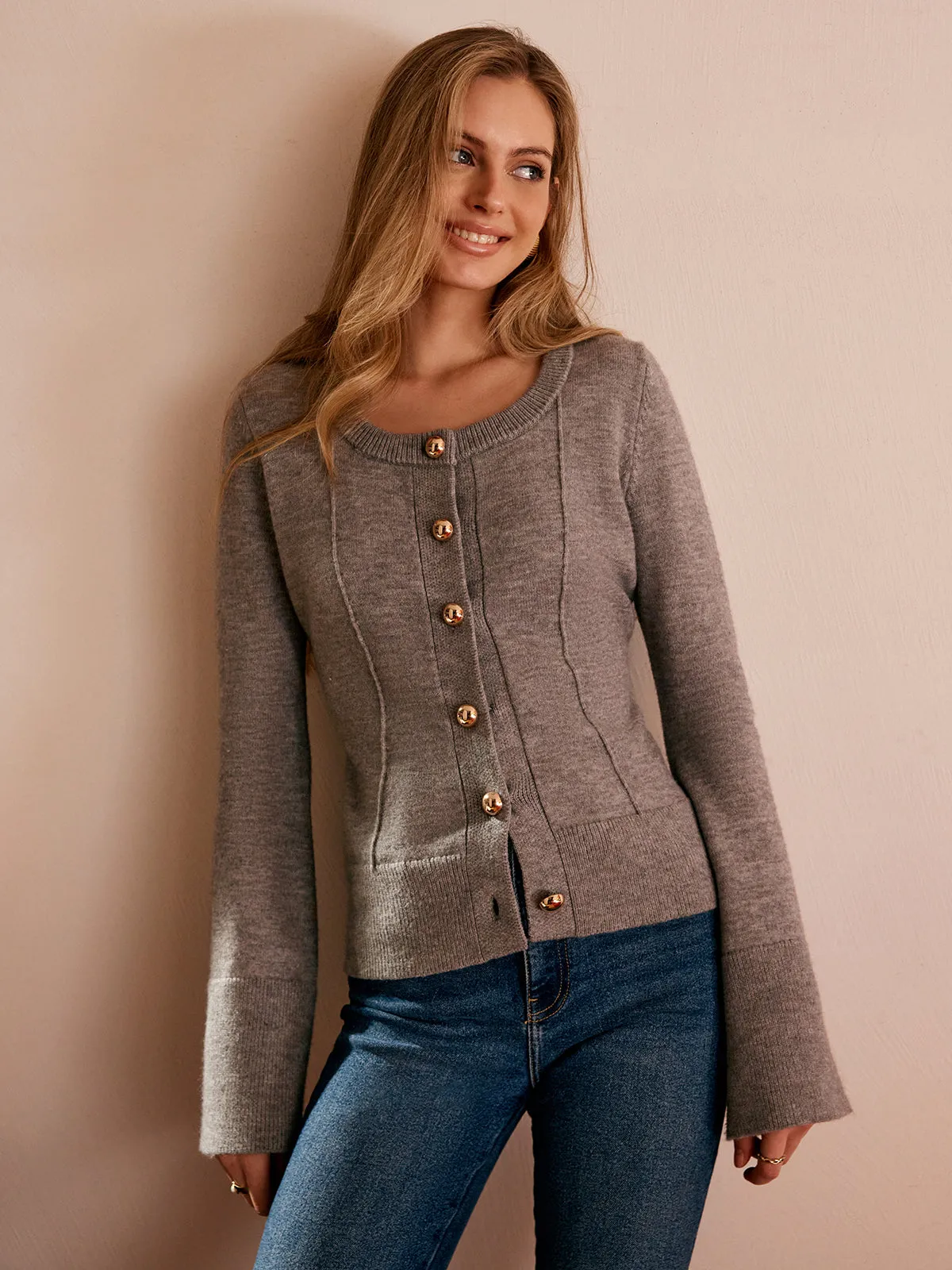 Breasted Bell Sleeve Slim Cardigan