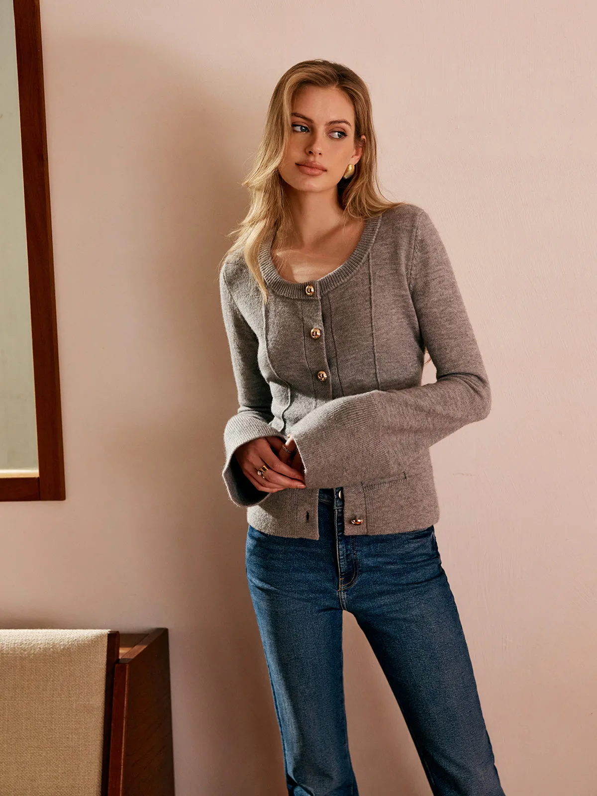 Breasted Bell Sleeve Slim Cardigan