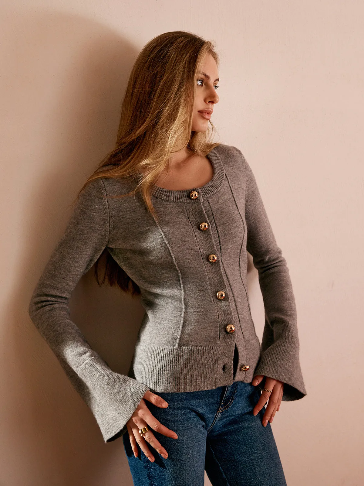 Breasted Bell Sleeve Slim Cardigan