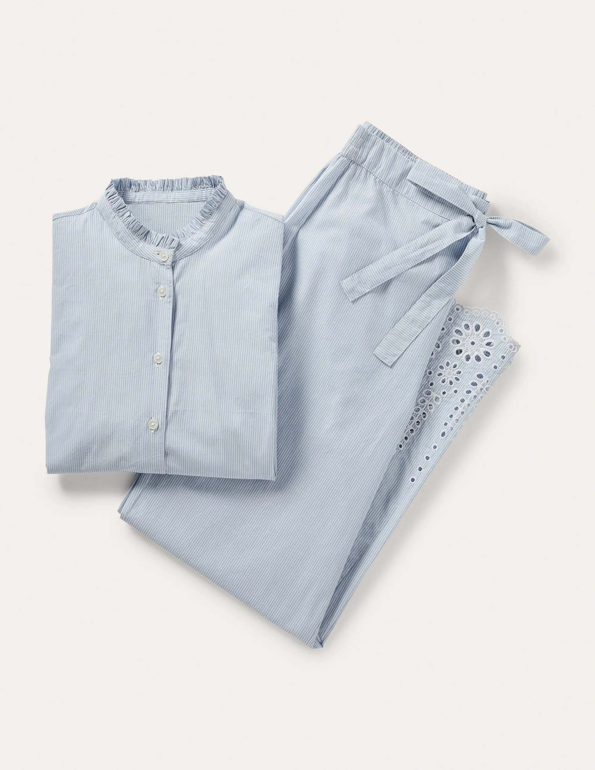 Broderie Pyjama Set-Blue Ticking Stripe