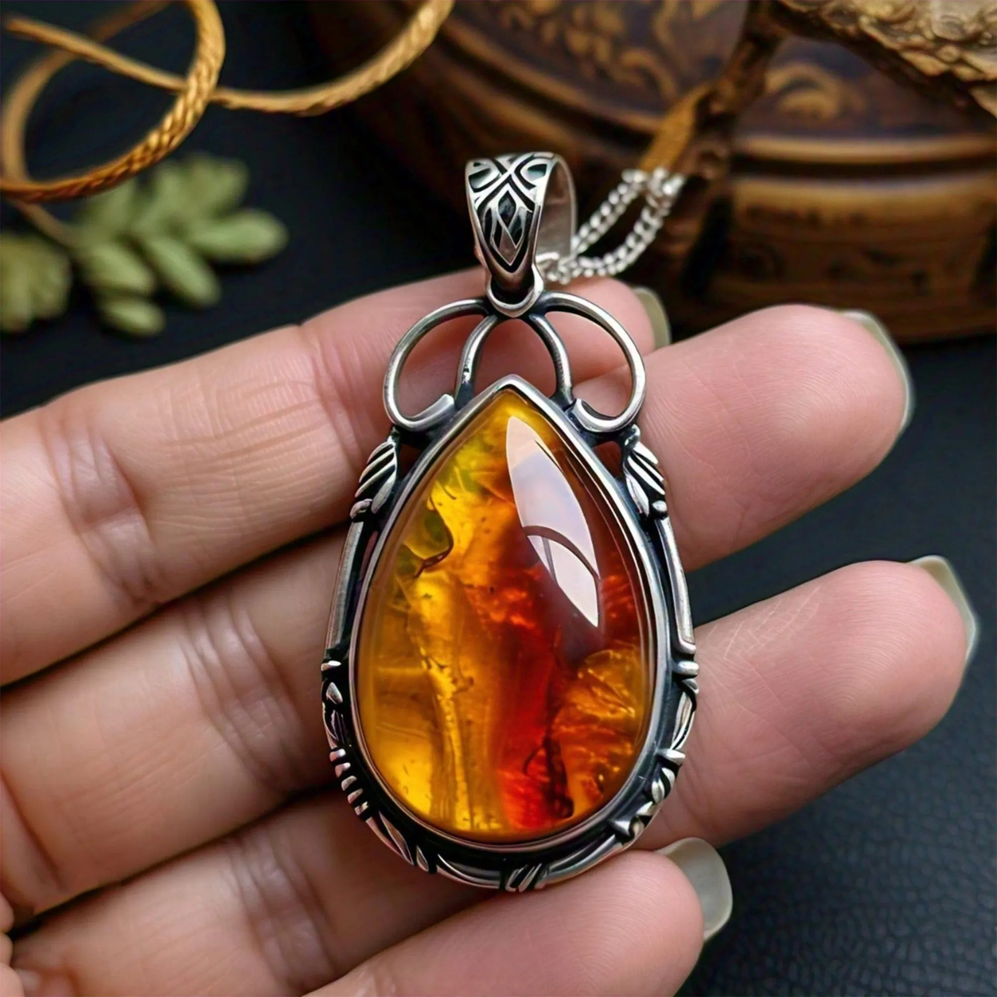 Doris Sterling Silver Big Natural Vintage Amber Pendant