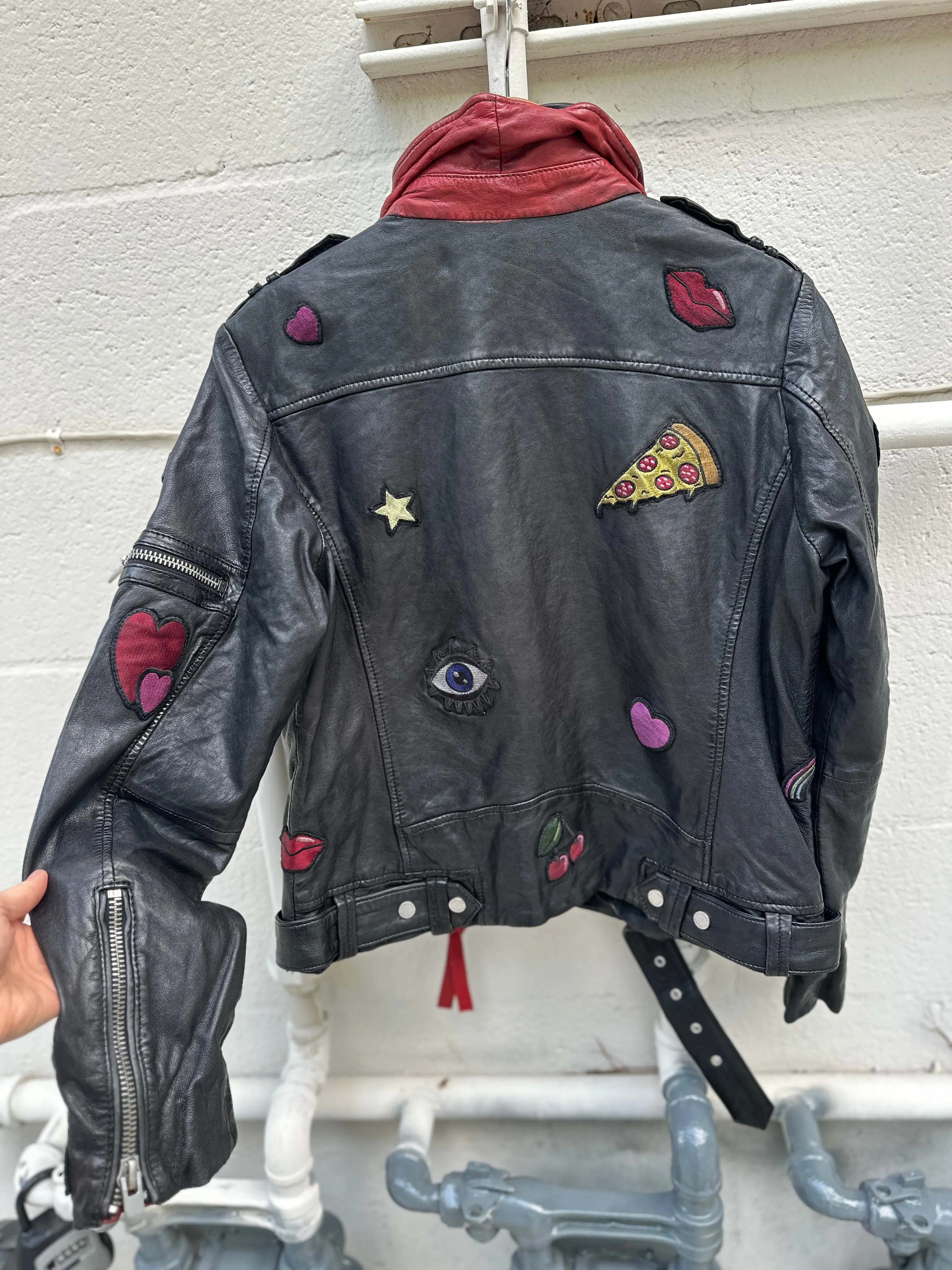 Funky Patch Leather Moto jacket