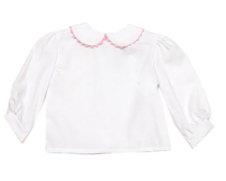 Funtasia Too Girls White Long Sleeved Blouse with Peter Pan Collar and Pink Rick Rack
