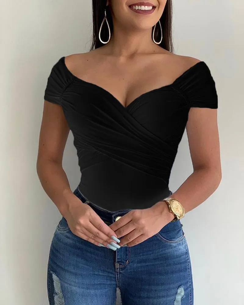 hulianfu Blouse Women V Neck Shrot Sleeve Shirts Summer Elegant Office Ladies Slim Fit Off Shoulder Solid Color Womens Sexy Tops
