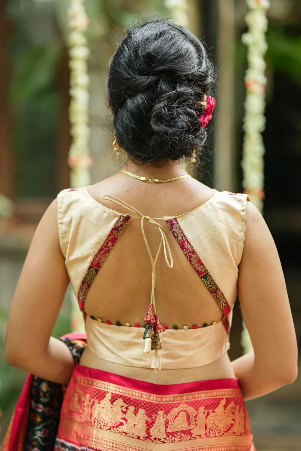 Ivory pure Raw silk blouse with Banarasi trim and potli button detailing, sleeve option available, Made to Order