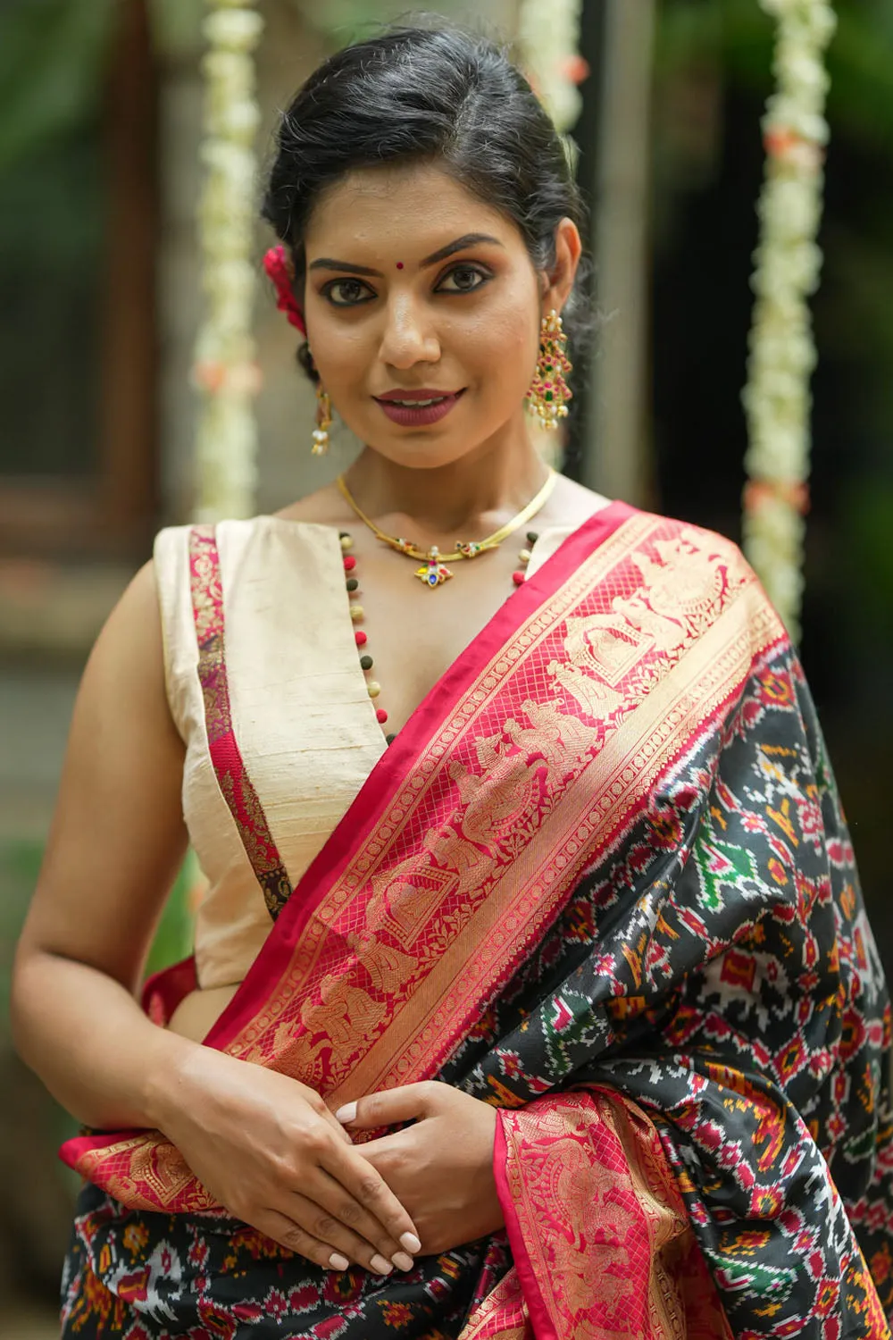 Ivory pure Raw silk blouse with Banarasi trim and potli button detailing, sleeve option available, Made to Order