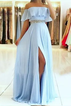 Light Blue Off the Shoulder Split Prom Dress with Beading Waist Flowy Party Dresses