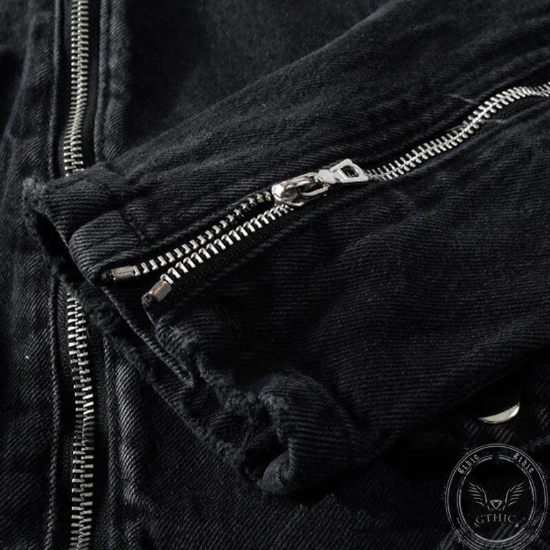 Men's Punk Lapel Zipper Slim Fit Denim Jacket