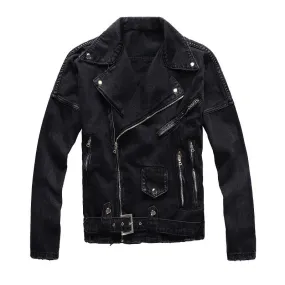 Men's Punk Lapel Zipper Slim Fit Denim Jacket