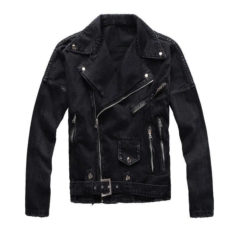 Men's Punk Lapel Zipper Slim Fit Denim Jacket