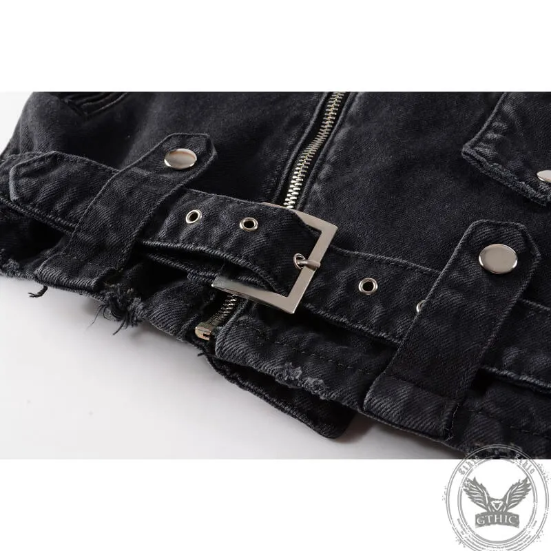Men's Punk Lapel Zipper Slim Fit Denim Jacket
