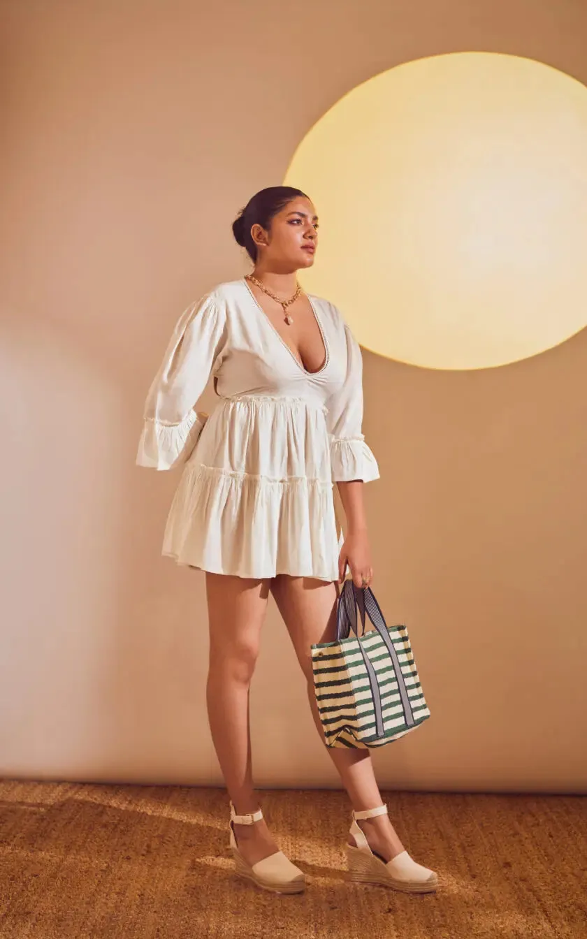 Off White V- Neck Fitted Dress With Lace Detail