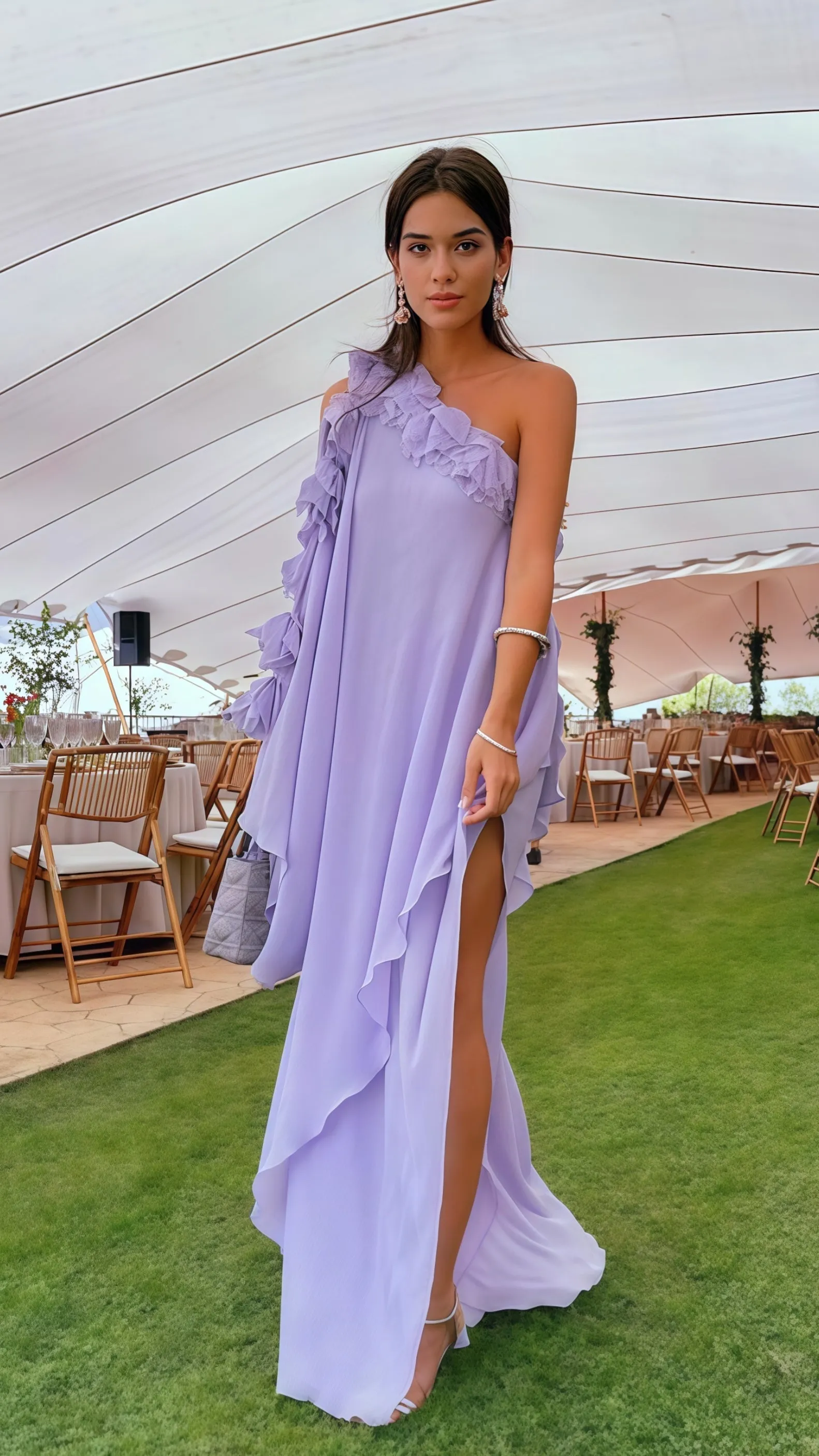 One Sleeve Lilac Chiffon Long Evening Prom Dress, LTP3519