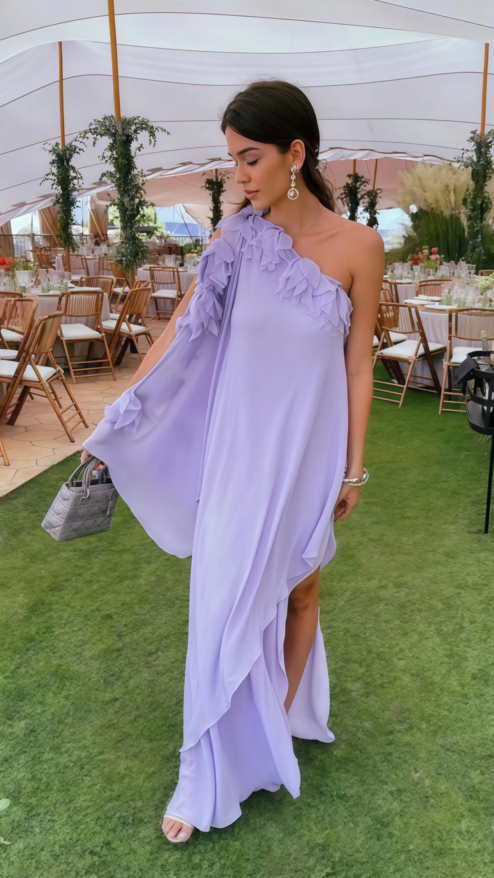 One Sleeve Lilac Chiffon Long Evening Prom Dress, LTP3519