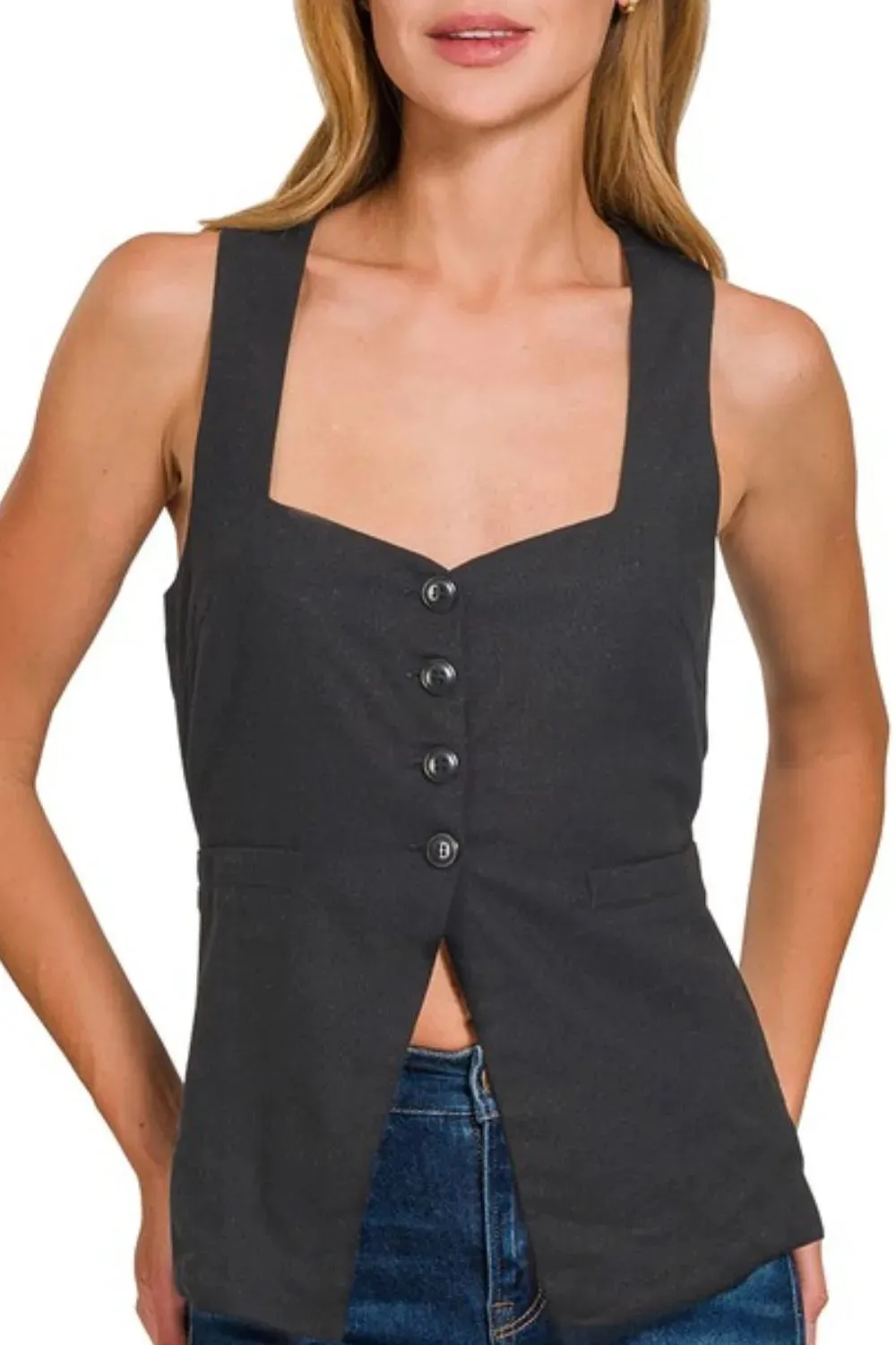 ONLINE EXCLUSIVE Zenana Linen Tie-back 4-button Vest with Lining
