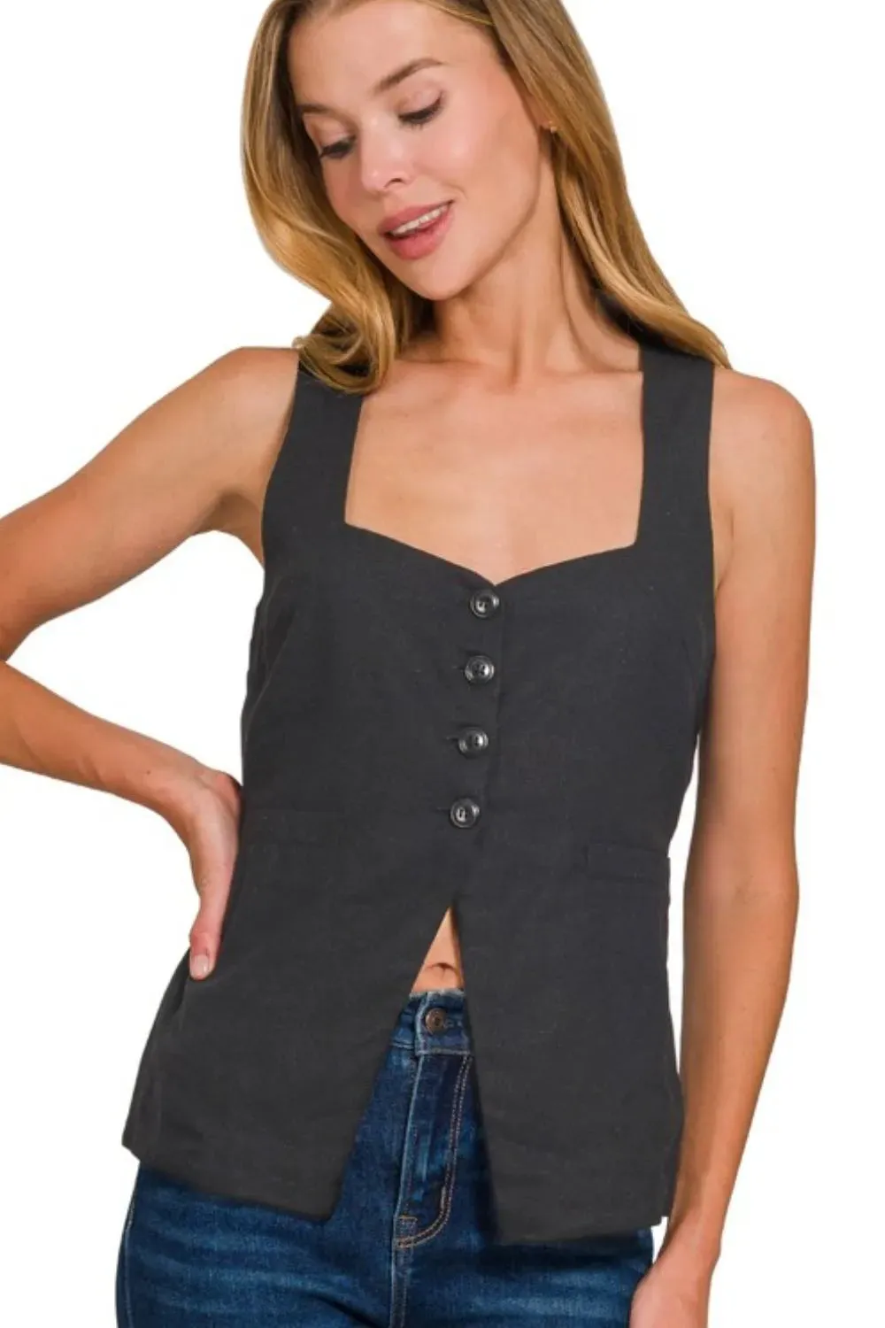 ONLINE EXCLUSIVE Zenana Linen Tie-back 4-button Vest with Lining