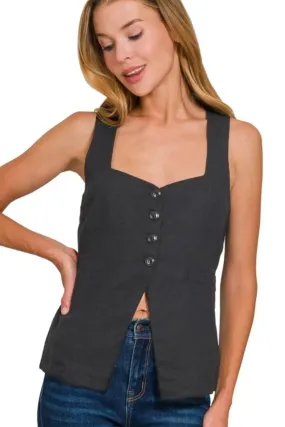 ONLINE EXCLUSIVE Zenana Linen Tie-back 4-button Vest with Lining
