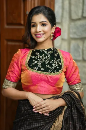 Pure Tissue Raw Silk Pink Blouse with Deep Green Velvet Yoke and Hand Work, Made to Order