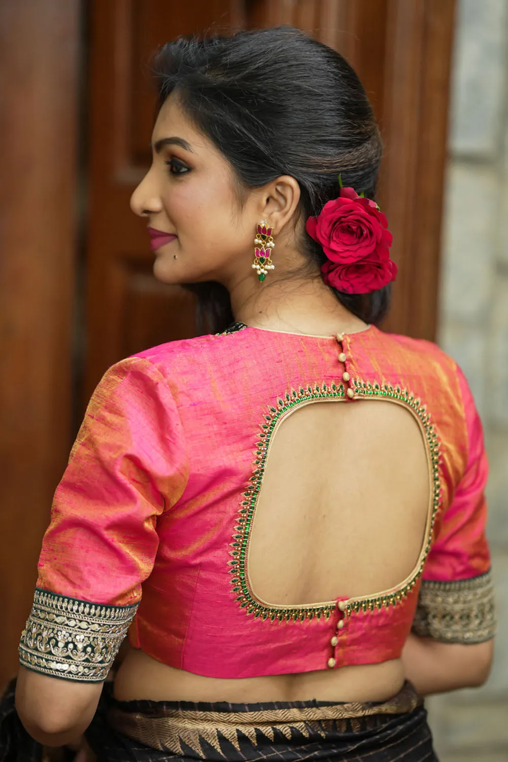 Pure Tissue Raw Silk Pink Blouse with Deep Green Velvet Yoke and Hand Work, Made to Order