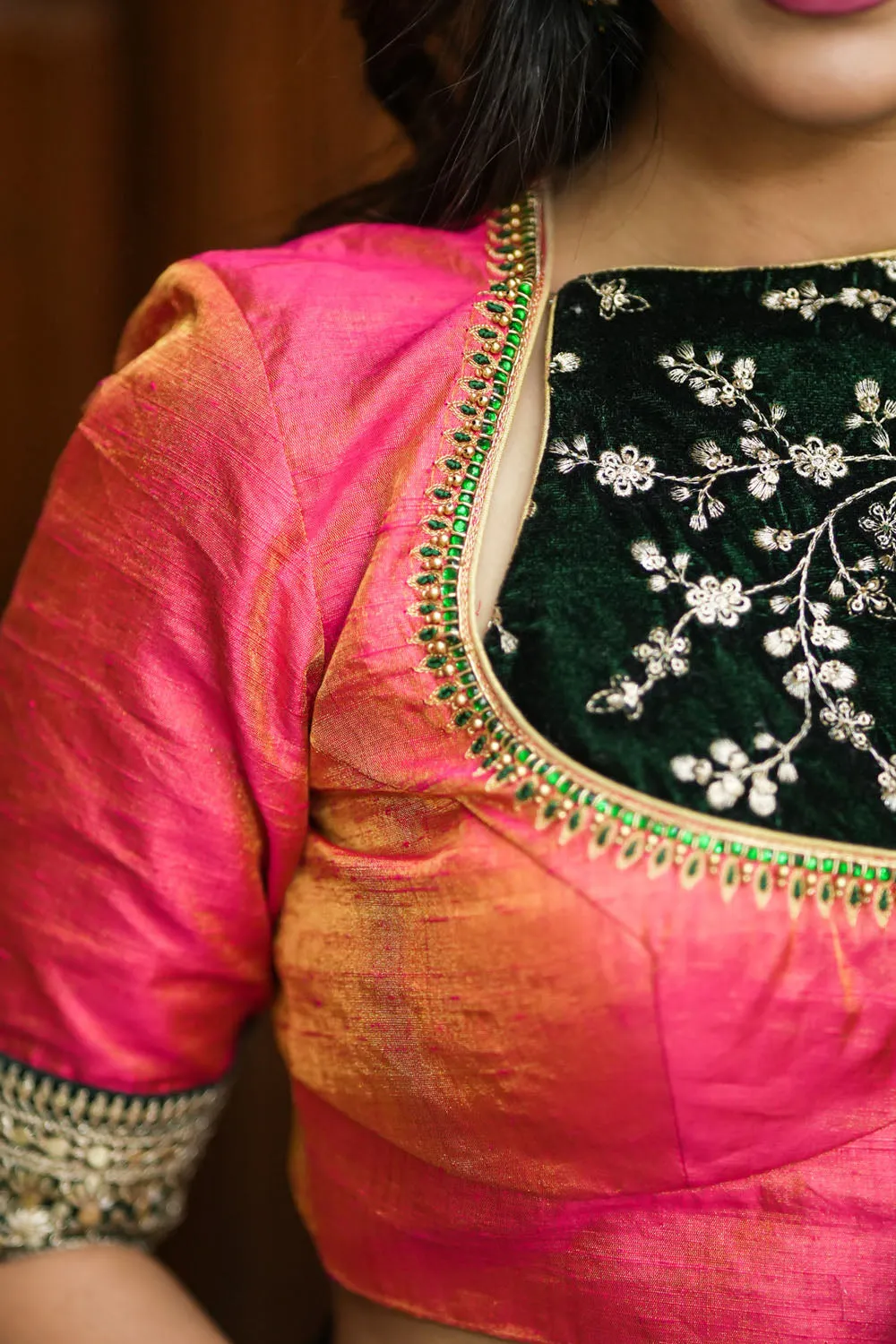 Pure Tissue Raw Silk Pink Blouse with Deep Green Velvet Yoke and Hand Work, Made to Order