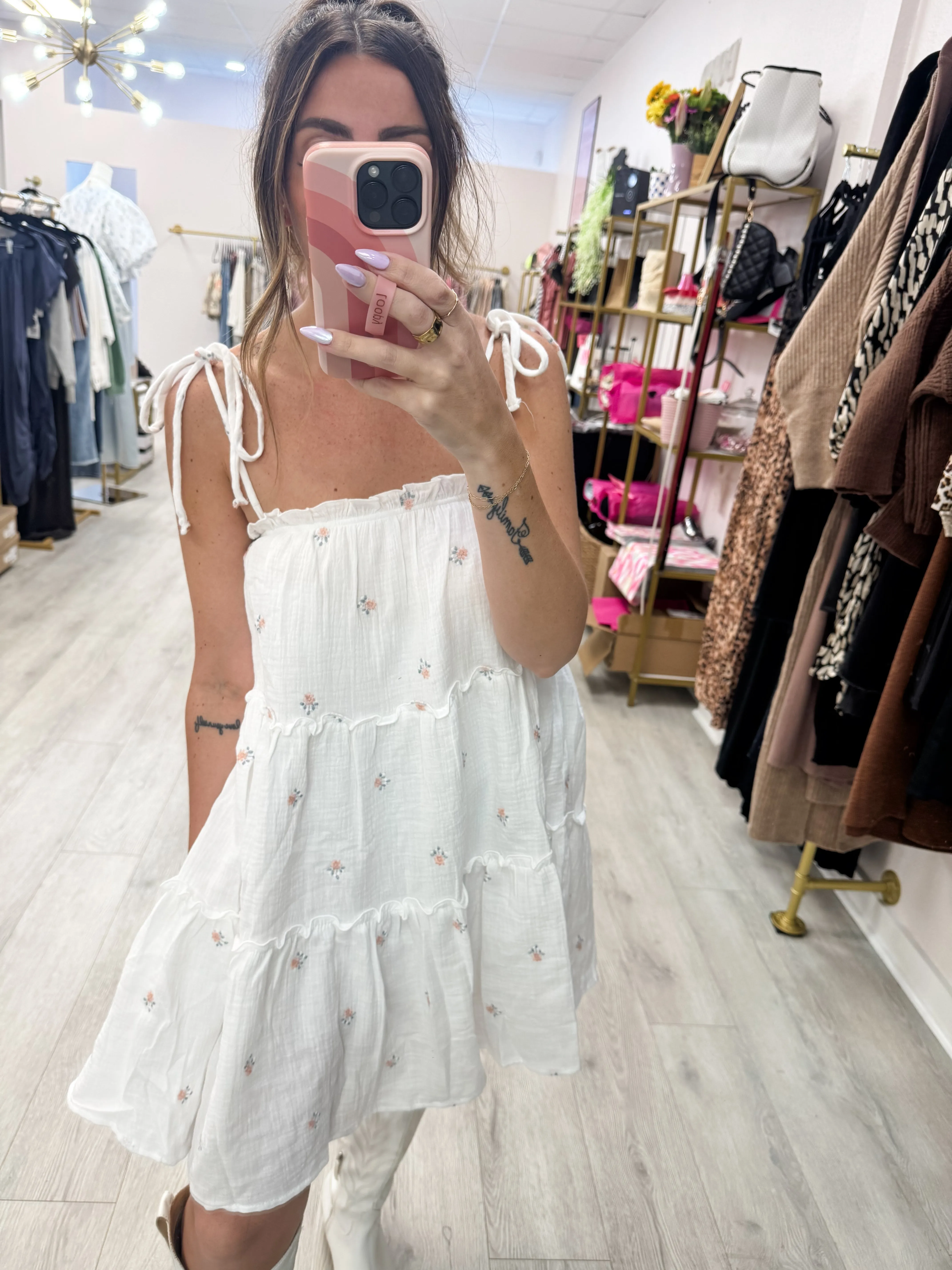 Self Tie Embroidered Dress