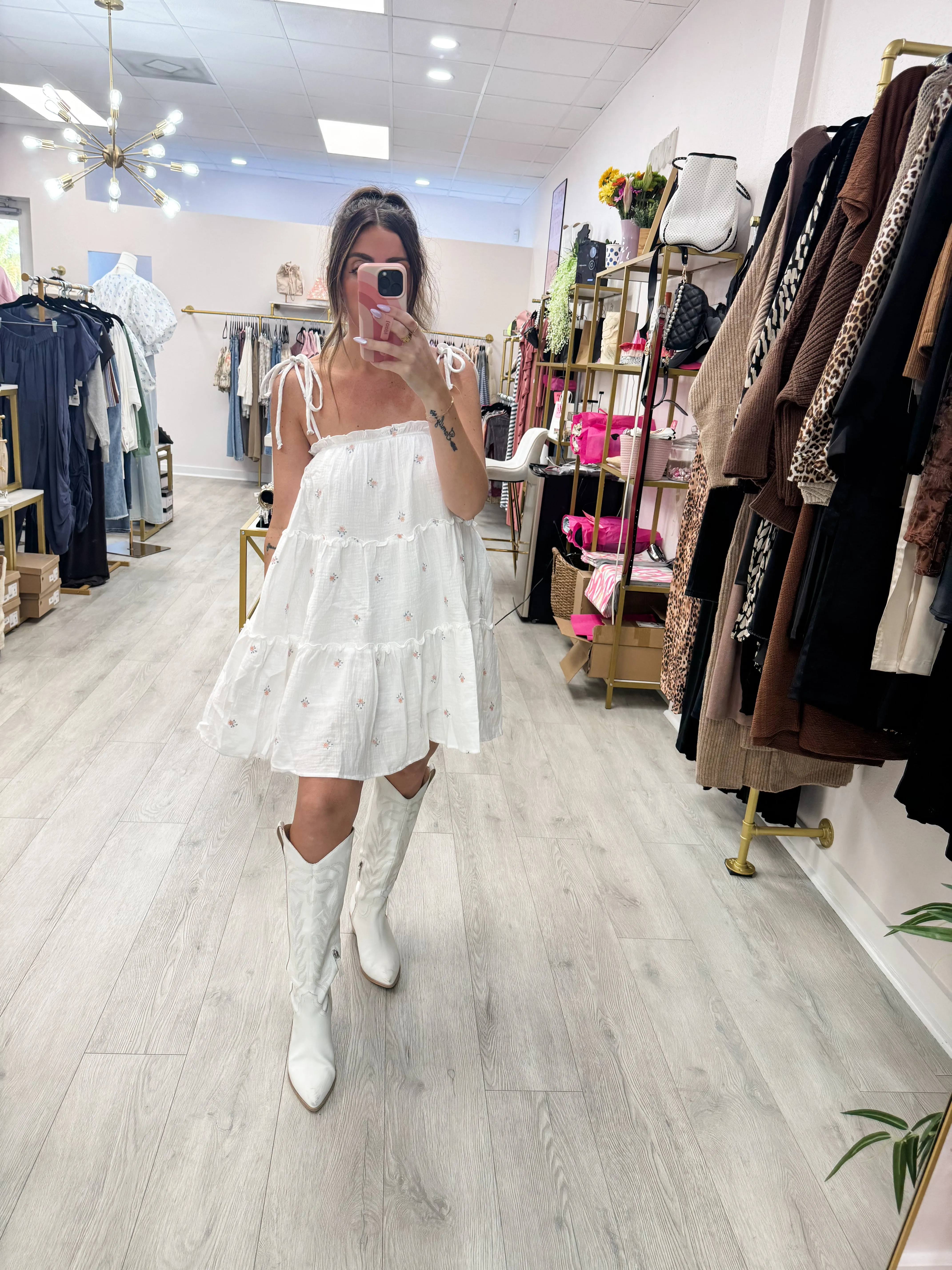 Self Tie Embroidered Dress