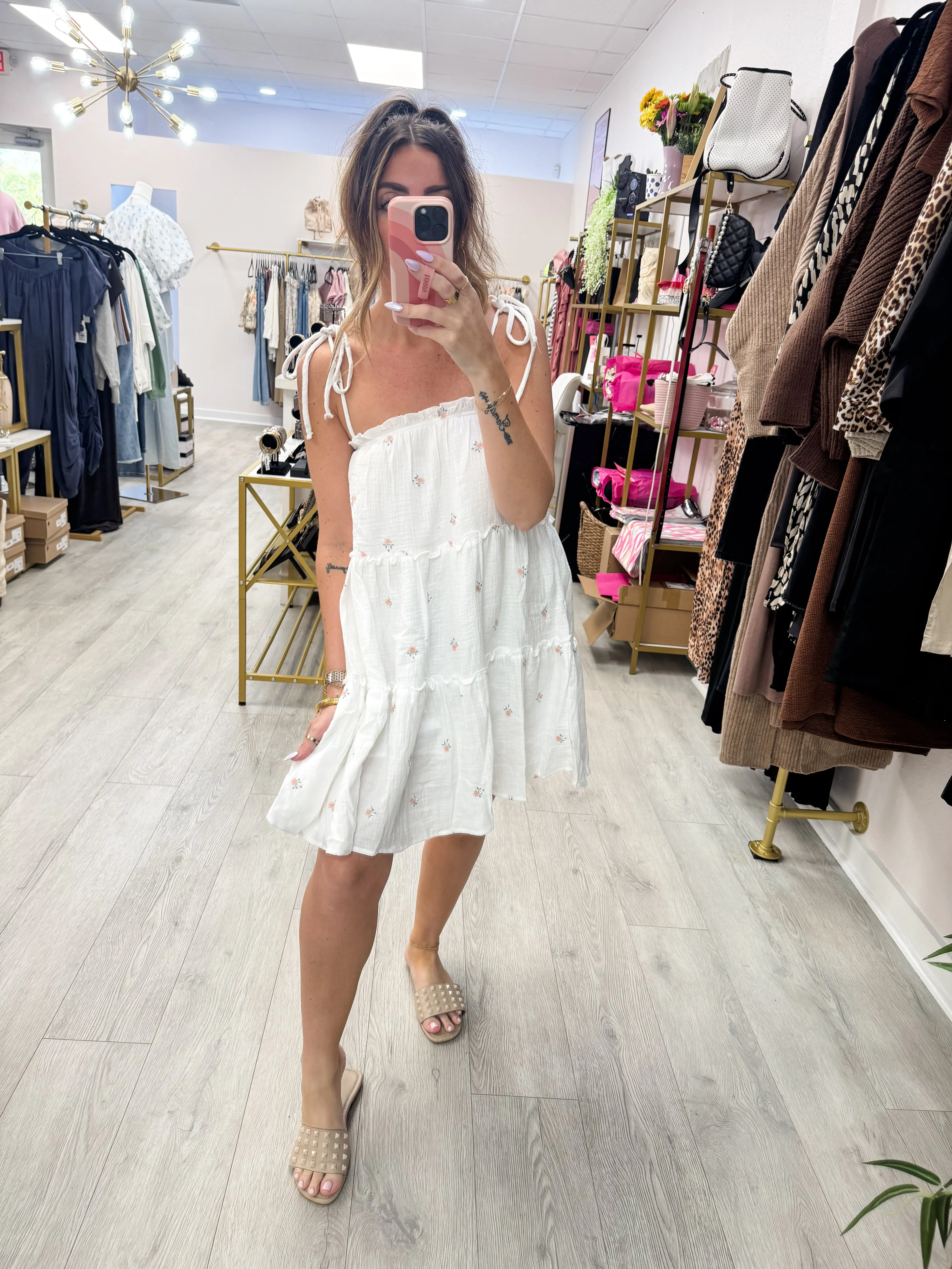 Self Tie Embroidered Dress