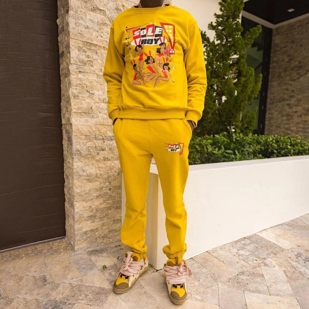 Street style trendy design printed pullover casual trousers suit