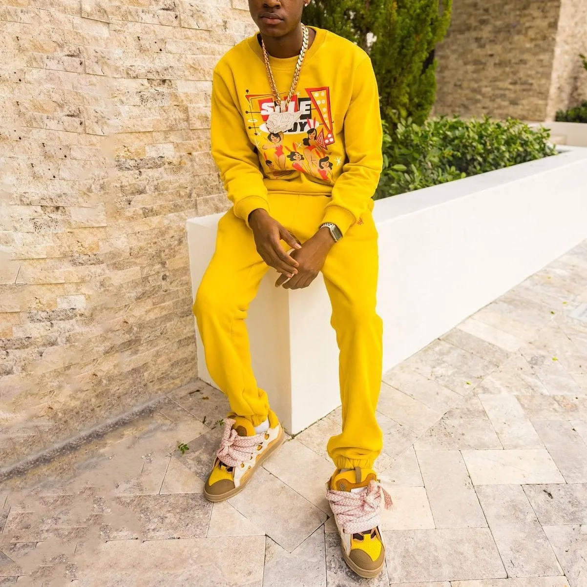 Street style trendy design printed pullover casual trousers suit