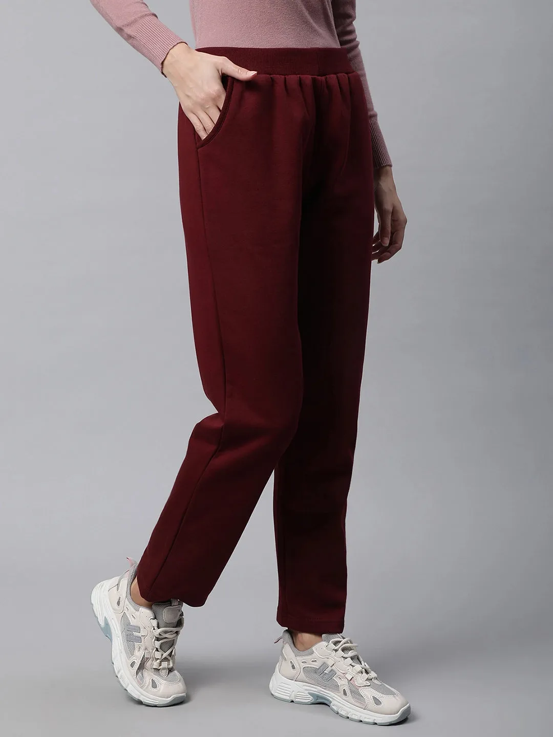 Women Wine Regular Fit High Rise Track Pants With Pockets